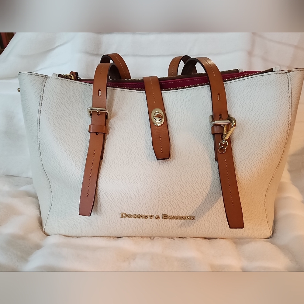 Dooney & Bourke White and Tan Leather Tote Bag